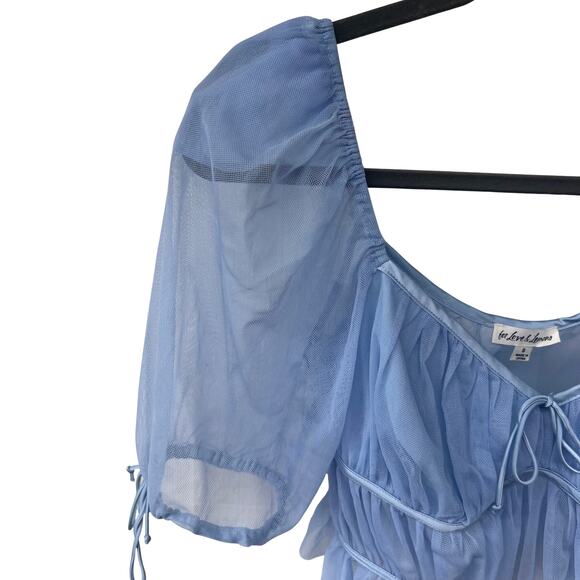 For Love & Lemons Sunshine Sheer Mesh Puff Sleeve Crop Top Light Blue NWOT Small - Picture 8 of 9